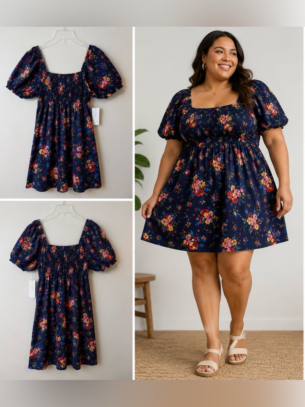 NWT Free Assembly Navy Floral Smocked Puff Sleeve Mini Dress XXL (20) 100% Cotto - Picture 1 of 10